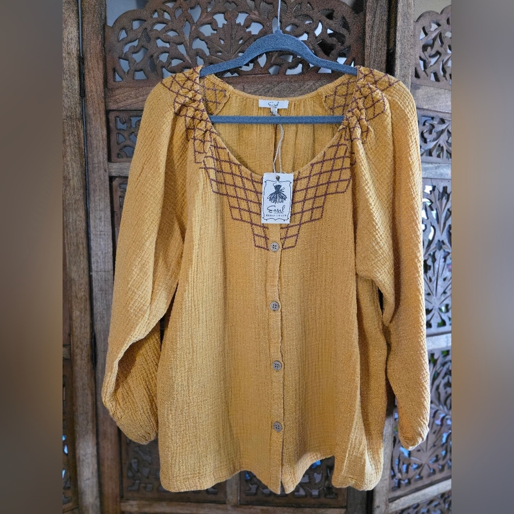 Easel Mustard Textured Button-Up Blouse